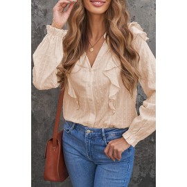 Apricot Dotted Texture Sheer Ruffles Bubble Sleeves Shirt